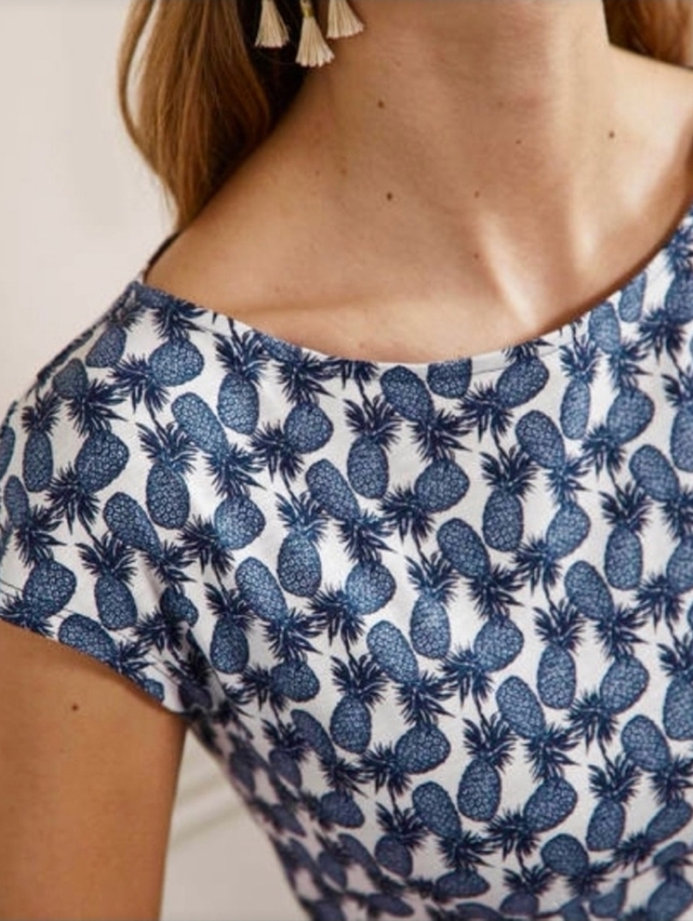 Boden Blue Pineapple Print Cap-Sleeve Jersey Dress - Size 16/18L - Picture 3 of 11
